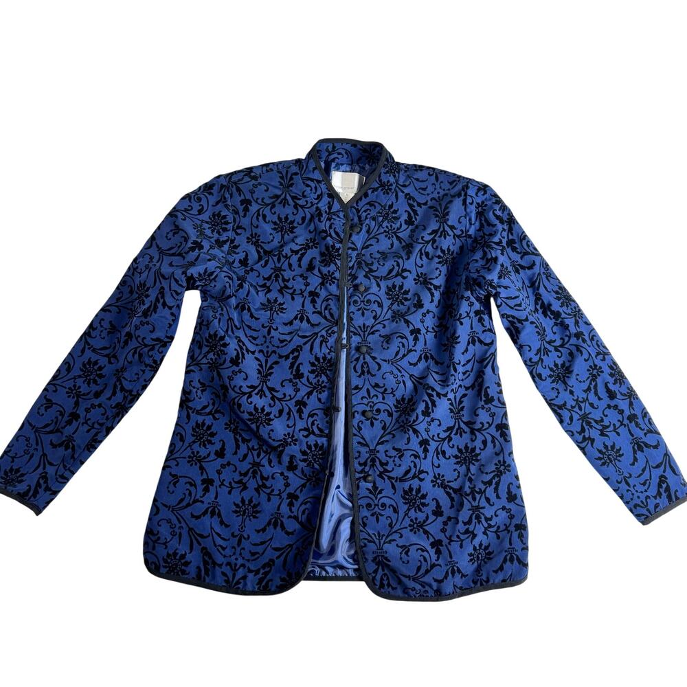 Susan Graver Blue Flocked Jacket Mandarin Collar Snap Front whimsygoth Womens M - Picture 2 of 8